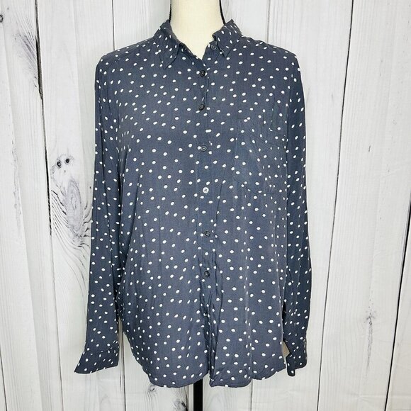 Ann Taylor Loft Gray White Polka Dot Collared Button Up Top Shirt Sz L Rayon - Picture 1 of 8